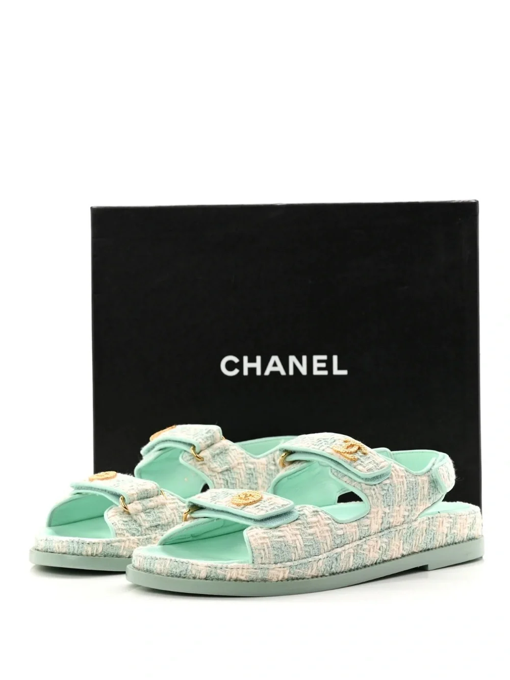 CHANEL Mint Green Tweed Slide Sandals with Gold CC Medallions